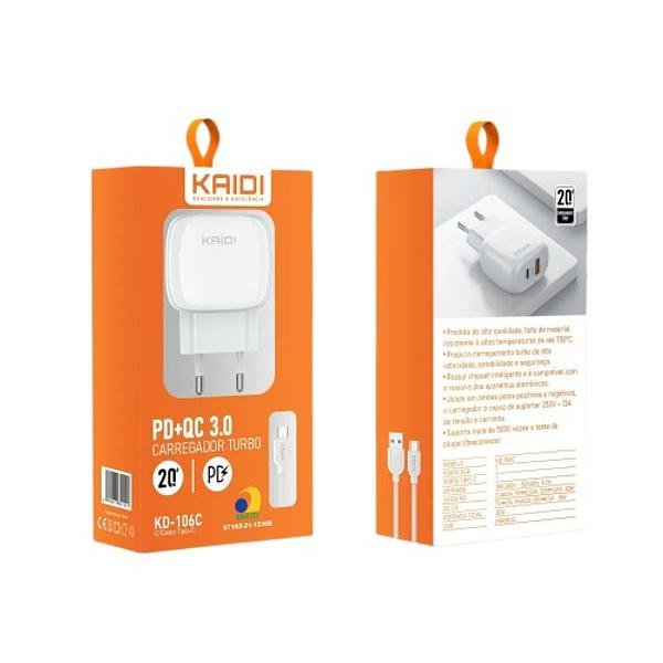 KAIDI - CARREGADOR TURBO USB + USB C 20W TC - KD-106C - Imagem 2