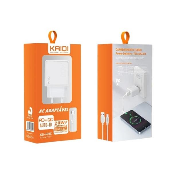 KAIDI - CARREGADOR COM FONTE USB A + USB C + CABO TC 20W - KD-670C - Imagem 2