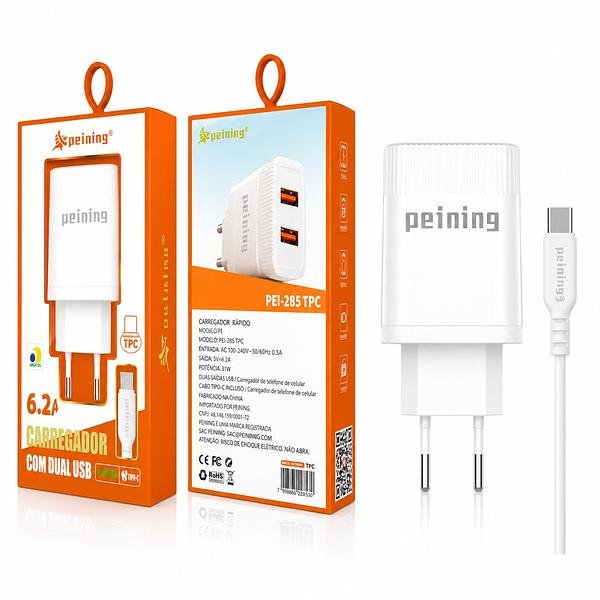 PENING - CARREGADOR TURBO 6.2A DUAL USB + CABO TIPO-C - Imagem 2