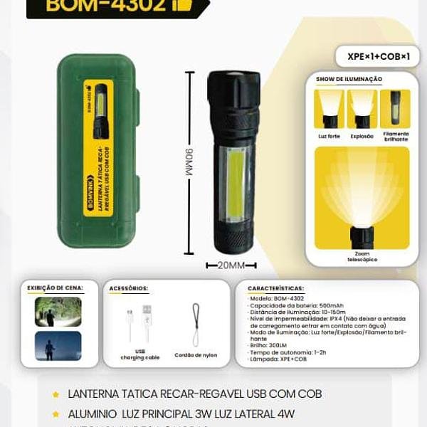 BOMVINK - LANTERNA TATICA RECARREGAVEL USB COM COB - BOM-4302 - Imagem 2