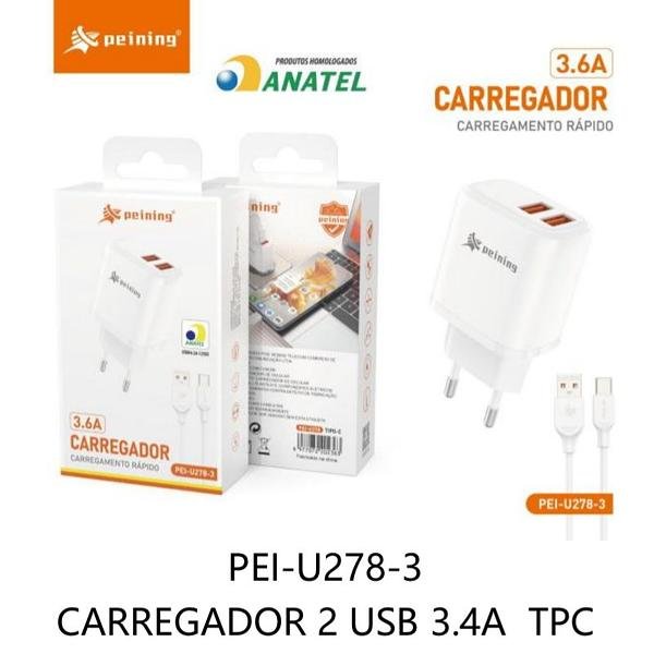 PEINING - CARREGADOR RAPIDO 2 USB 3.6A TC - PEI-U278-3 - Imagem 2