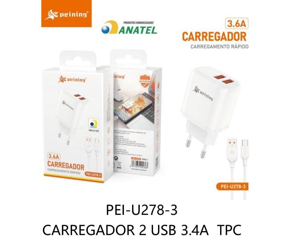 PEINING - CARREGADOR RAPIDO 2 USB 3.6A TC - PEI-U278-3 - Imagem 3
