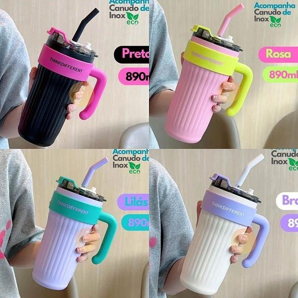 CANECA INOX CJ 860ML COM CANUDO DE METAL - SEM GARANTIA -SEM LOGO - Imagem 2