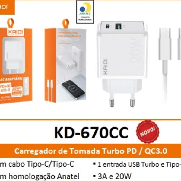 KAIDI - CARREGADOR TURBO CABO TC COM ENTRADA TC E USB - KD-670CC - Imagem 2
