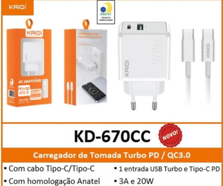 KAIDI - CARREGADOR TURBO CABO TC COM ENTRADA TC E USB - KD-670CC - Imagem 5