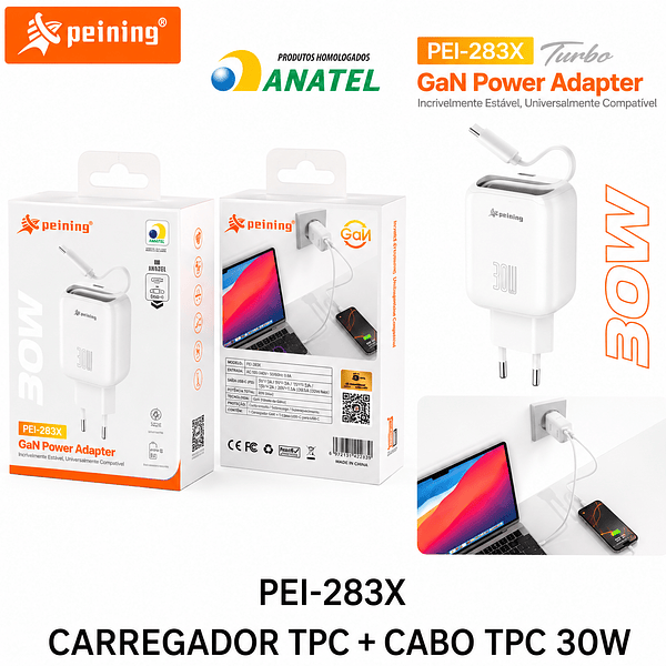 PEINING - CARREGADOR GAN 30W USB-C COM CABO USB-C PEI-283X - Imagem 2