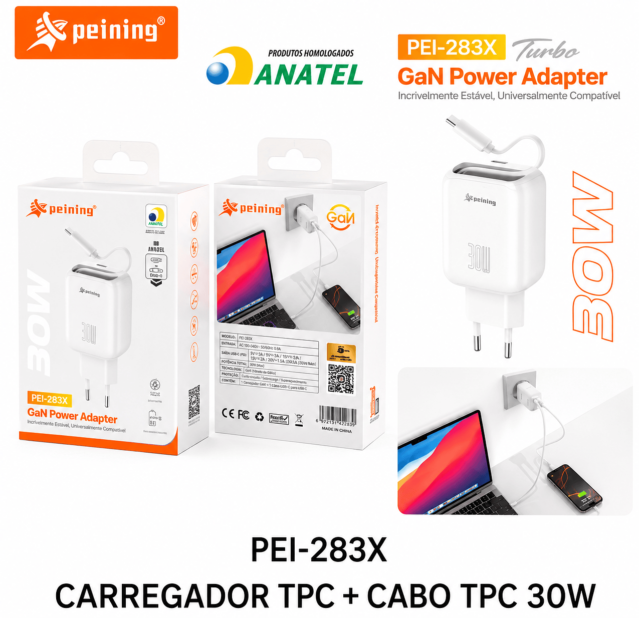 PEINING - CARREGADOR GAN 30W USB-C COM CABO USB-C PEI-283X - Imagem 3