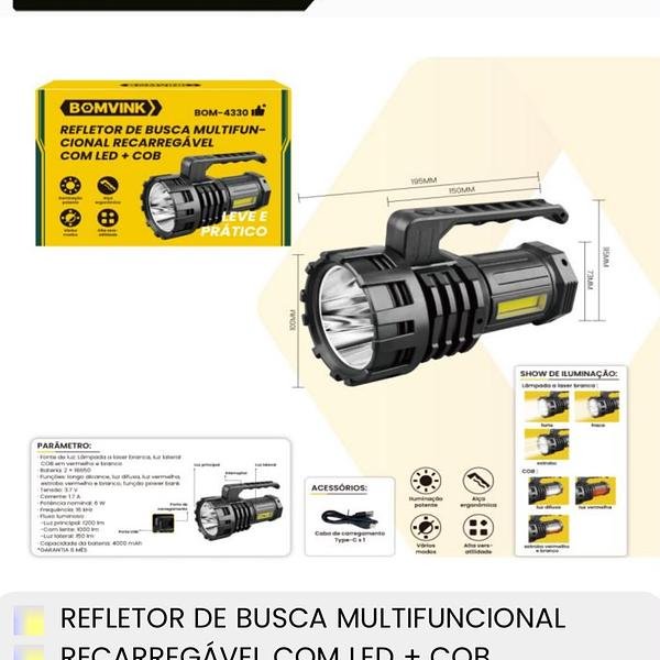 BONVINK - LANTERNA MULTIFUNCIONAL RECARREGAVEL COM LED + COB - Imagem 2