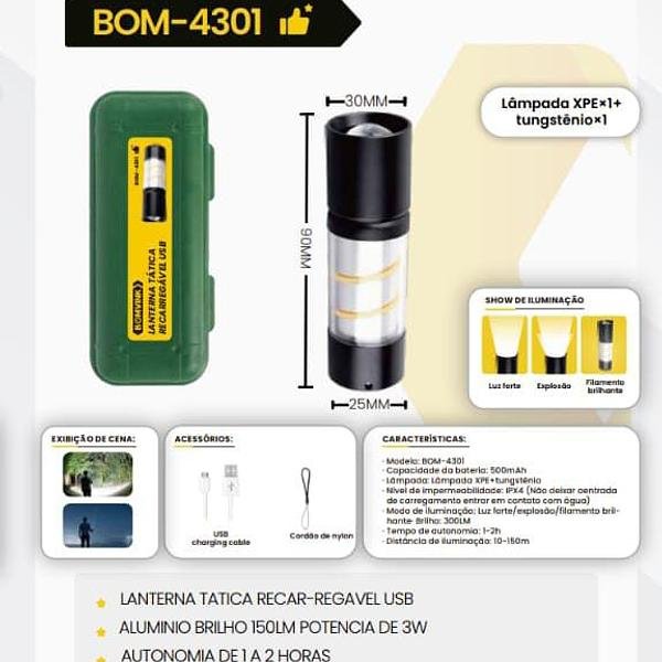 BOMVINK - LANTERNA TATICA RECARREGAVEL USB - BOM-4301 - Imagem 2
