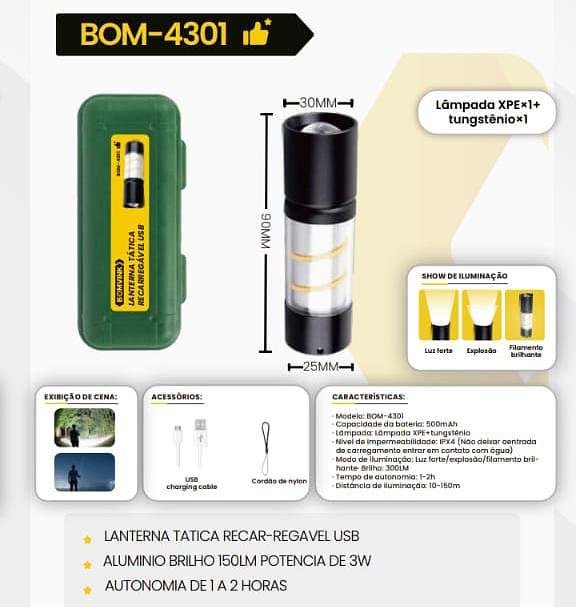 BOMVINK - LANTERNA TATICA RECARREGAVEL USB - BOM-4301 - Imagem 3