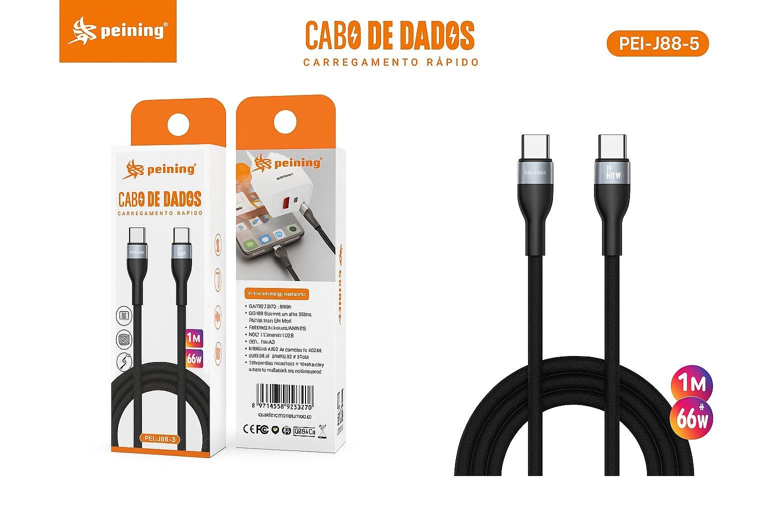 PEINING - CABO DE DADOS E CARREGAMENTO TURBO TECIDO TC / TC 1M - PEI-J88-5 - Imagem 3