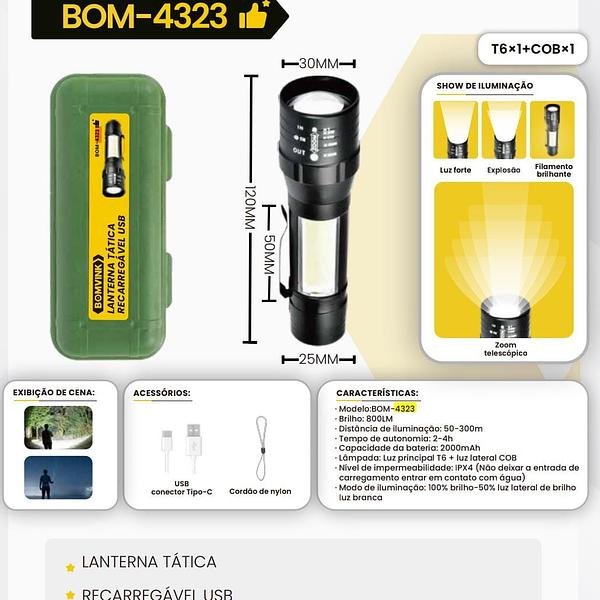 BONVINK - LANTERNA TATICA RECARREGAVEL USB - BOM-4323 - Imagem 2
