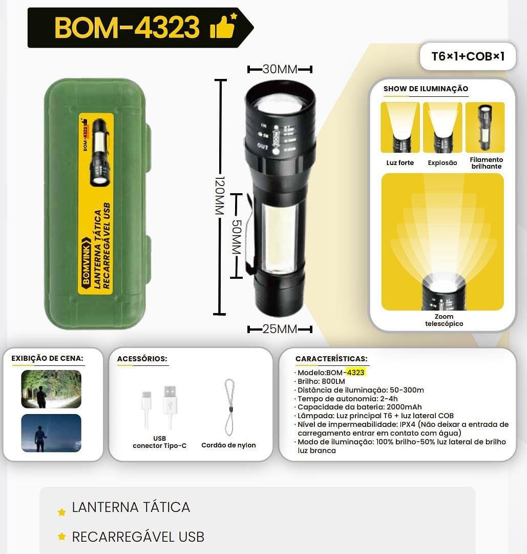 BONVINK - LANTERNA TATICA RECARREGAVEL USB - BOM-4323 - Imagem 3