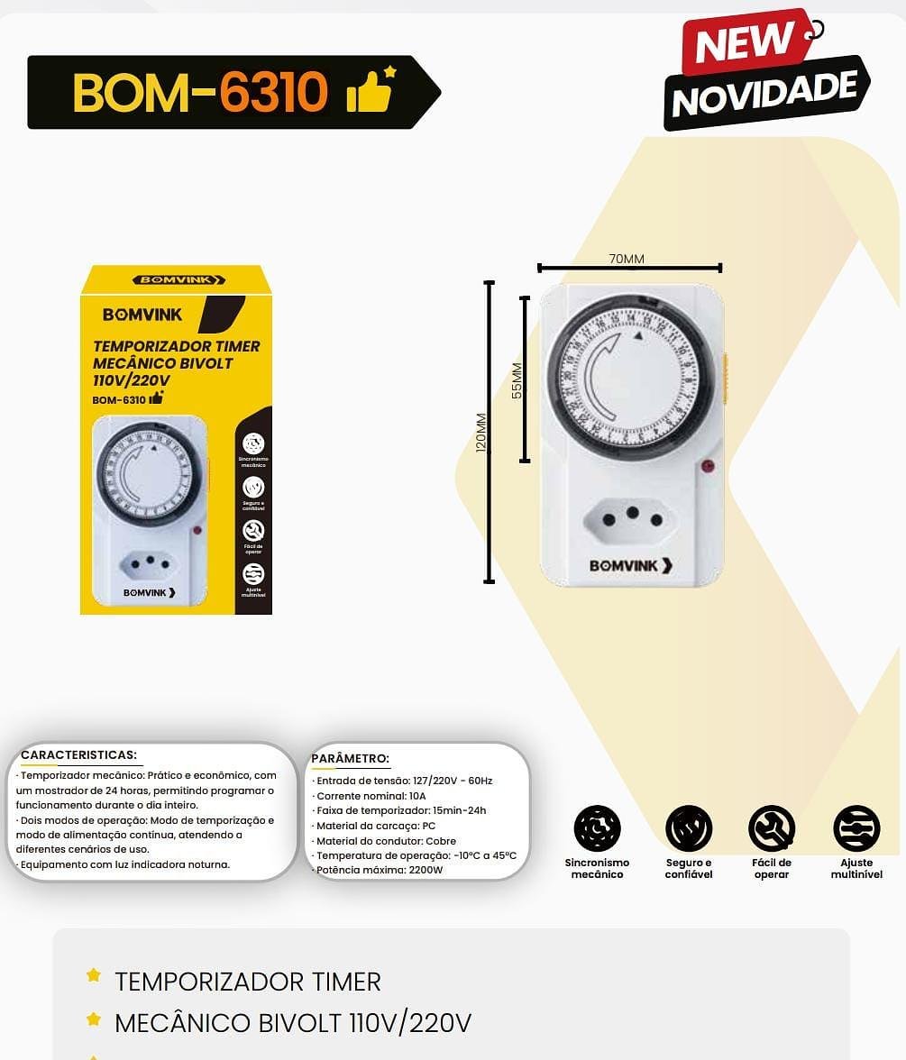 BOMVINK - TEMPORIZADOR TIMER MECANICO BIVOLT - BOM-6310 - Imagem 3