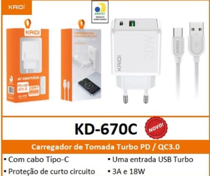 KAIDI - CARREGADOR COM FONTE USB A + USB C + CABO TC 20W - KD-670C - Imagem 6