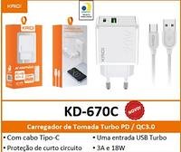 KAIDI - CARREGADOR COM FONTE USB A + USB C + CABO TC 20W - KD-670C - Imagem 4